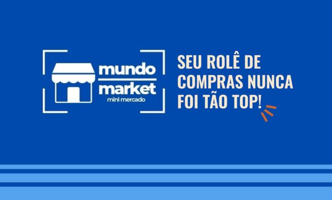 Adesivo da parede externa do Mundo Market com a logomarca e a frase Seu rolê de compras nunca foi tão top