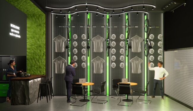Interior da loja Bici Eletric nos Jardins: parede de musgo, balcão curvo e painel com bikes, capacetes e roupas
