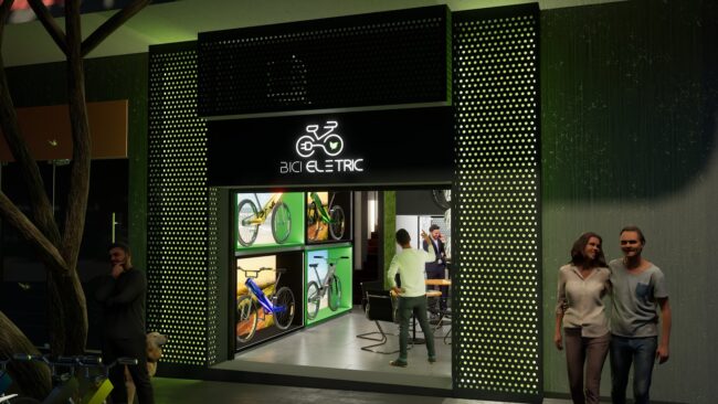 Fachada da loja Bici Eletric à noite, com painéis de ACM perfurados iluminados por LED e vitrines luminosas de bikes