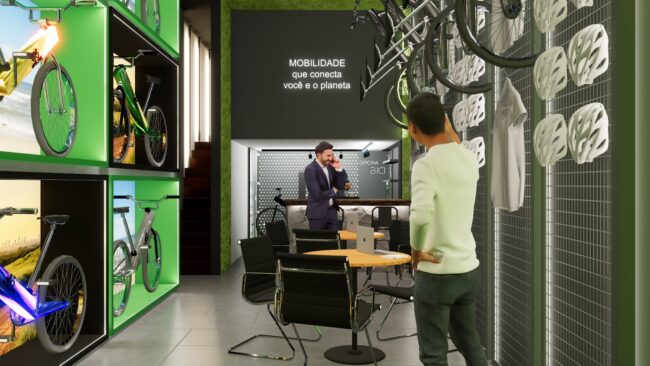 Vitrines iluminadas de bicicletas elétricas na fachada da Bici Eletric, com vista para o interior da loja