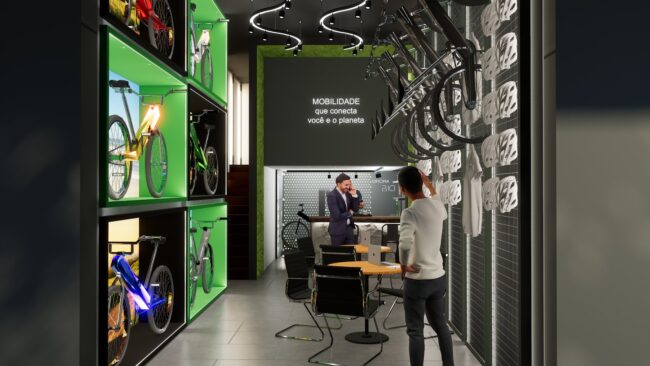 Vitrines luminosas com bikes elétricas e, ao fundo, o painel preto com a frase Mobilidade que conecta você e o planeta