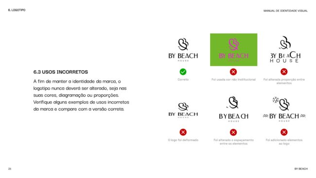 Manual de identidade visual da By Beach House, usos incorretos do logotipo, por Unpack Design
