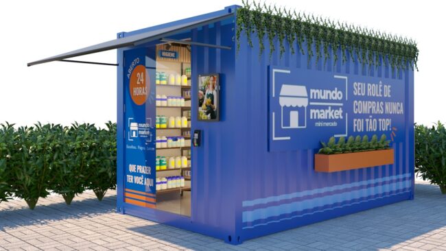 Container azul do mini mercado Mundo Market, com plantas, toldo e a frase Seu rolê de compras nunca foi tão top