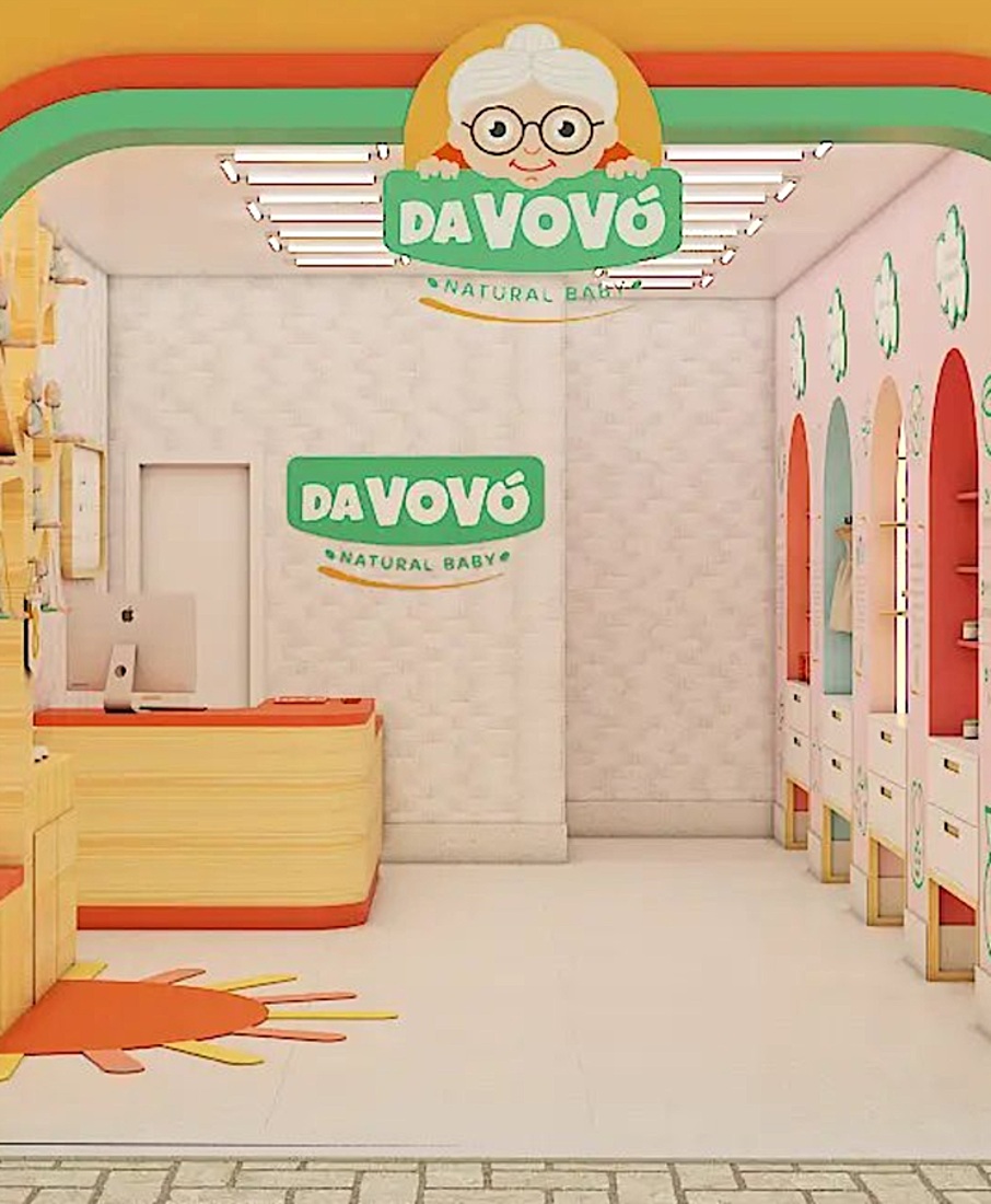 Fachada da loja conceito Da Vovó Natural Baby, projeto de franquia por Unpack Design