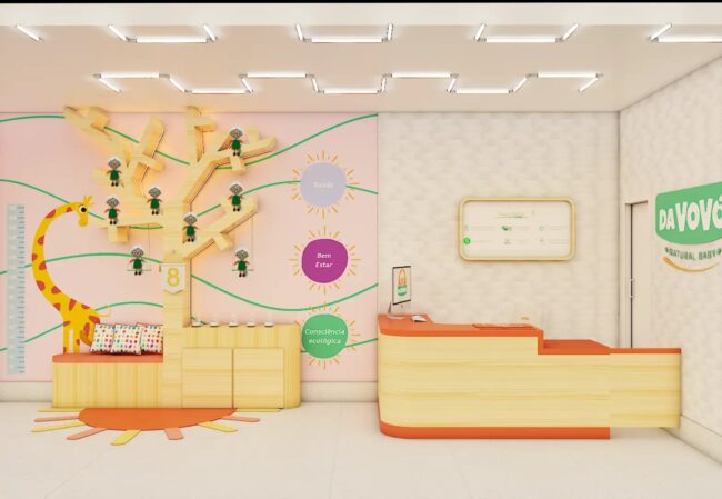 Render do projeto de franquia Da Vovó Natural Baby, loja conceito, por Unpack Design