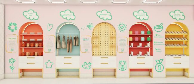Render do projeto de franquia Da Vovó Natural Baby, loja conceito, por Unpack Design