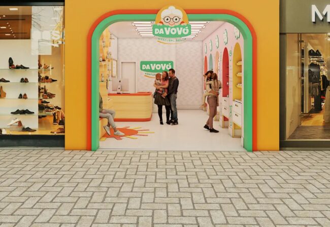 Render do projeto de franquia Da Vovó Natural Baby, loja conceito, por Unpack Design