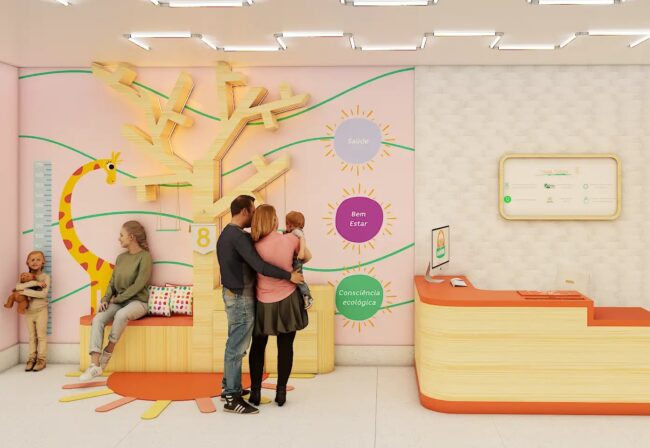 Render do projeto de franquia Da Vovó Natural Baby, loja conceito, por Unpack Design