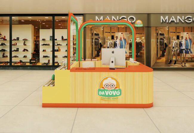 Render do projeto de franquia Da Vovó Natural Baby, quiosque conceito, por Unpack Design