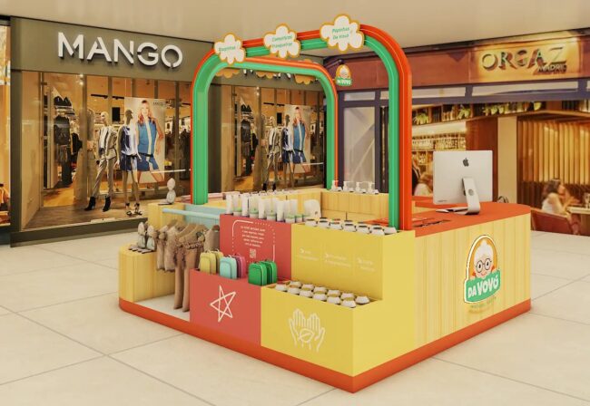 Render do projeto de franquia Da Vovó Natural Baby, quiosque conceito, por Unpack Design