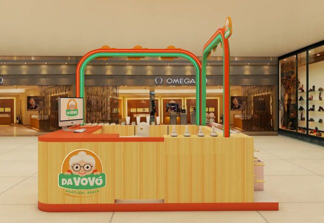 Render do projeto de franquia Da Vovó Natural Baby, quiosque conceito, por Unpack Design