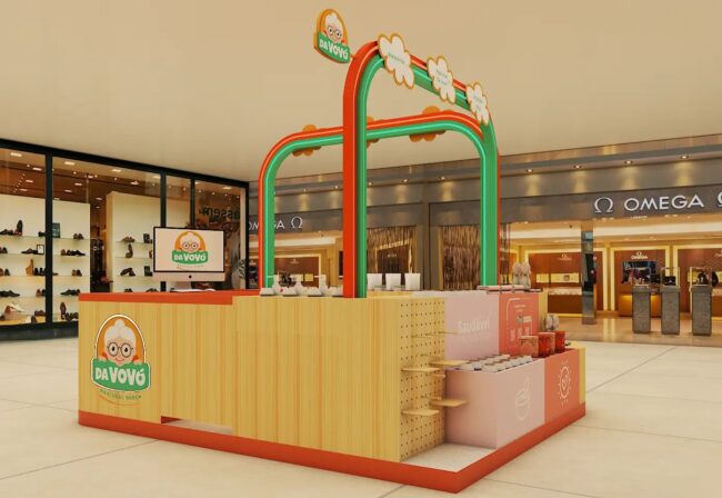 Render do projeto de franquia Da Vovó Natural Baby, quiosque conceito, por Unpack Design