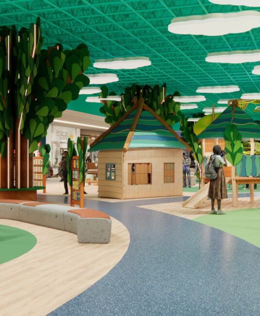 Cabana cenográfica e árvores do Eco Parque, parque infantil do Eco Valle Shopping em Lorena