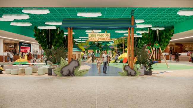 Render do projeto do Eco Parque, parque infantil do Eco Valle Shopping em Lorena, por Unpack Design