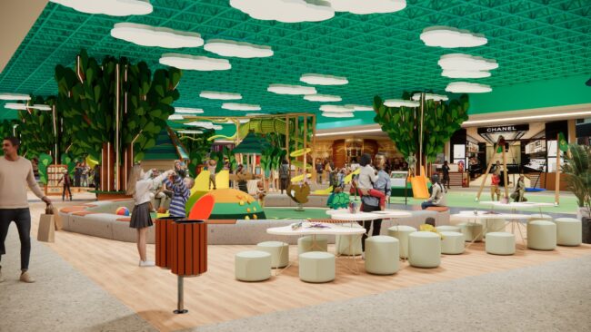 Render do projeto do Eco Parque, parque infantil do Eco Valle Shopping em Lorena, por Unpack Design