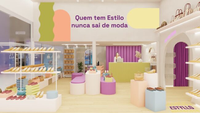Espaço feminino da Mega Estilo com balcão curvo e expositores de calçados