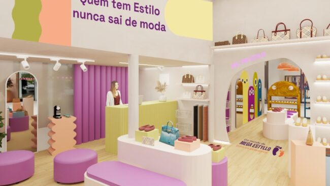 Expositores do espaço feminino da Mega Estilo em tons suaves de lilás, verde e pêssego