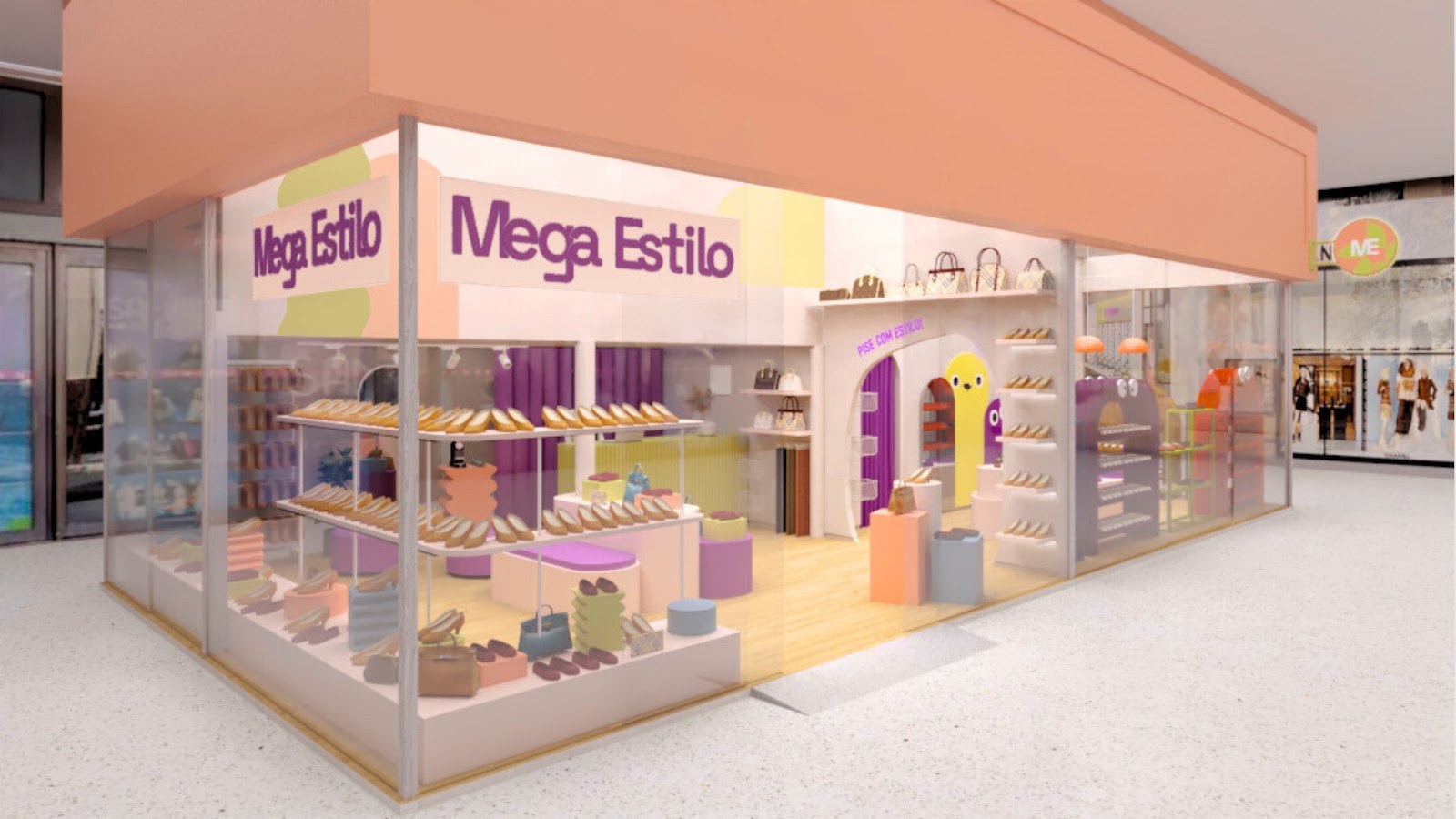 Fachada da loja de calçados Mega Estilo, com marquise salmão e parede roxa