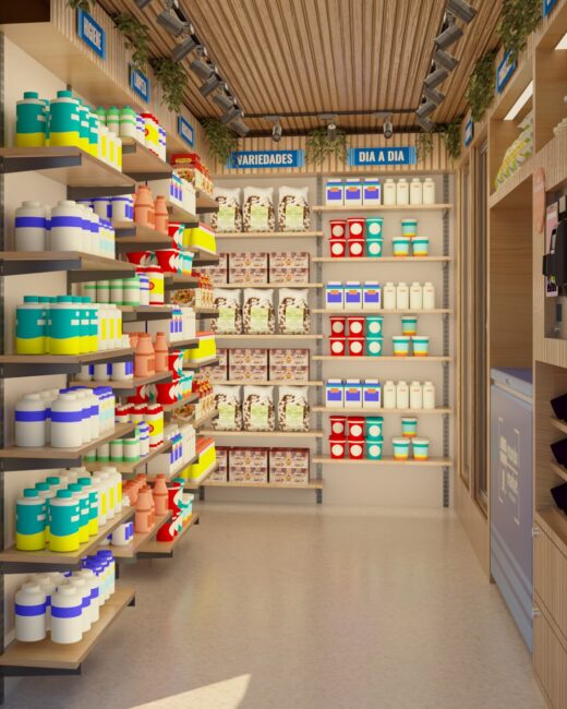 Interior do mini mercado Mundo Market com prateleiras de madeira e produtos organizados