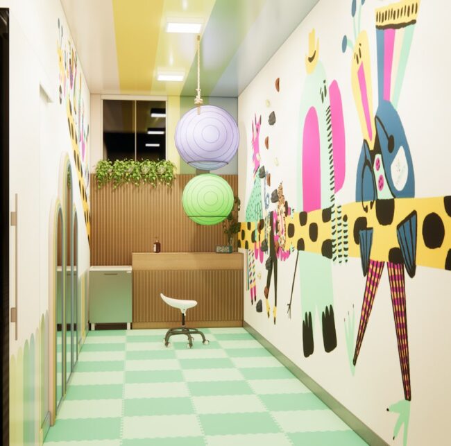 Render do consultório de fisioterapia Kids Care, no Leblon, vista 1 — projeto Unpack Design