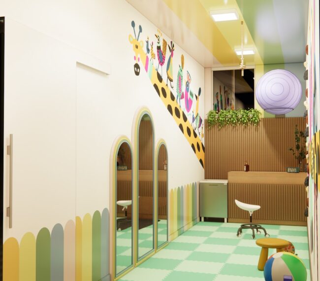 Render do consultório de fisioterapia Kids Care, no Leblon, vista 2 — projeto Unpack Design