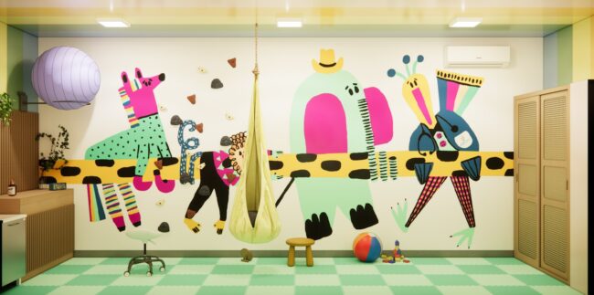 Render do consultório de fisioterapia Kids Care, no Leblon, vista 6 — projeto Unpack Design