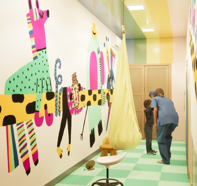 Render do consultório de fisioterapia Kids Care, no Leblon, vista 12 — projeto Unpack Design