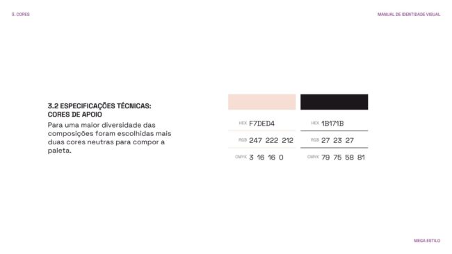 Manual de identidade visual da Mega Estilo, cores de apoio, por Unpack Design