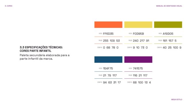 Manual de identidade visual da Mega Estilo, cores da parte infantil, por Unpack Design