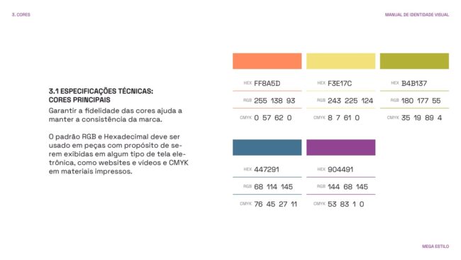 Manual de identidade visual da Mega Estilo, cores principais, por Unpack Design
