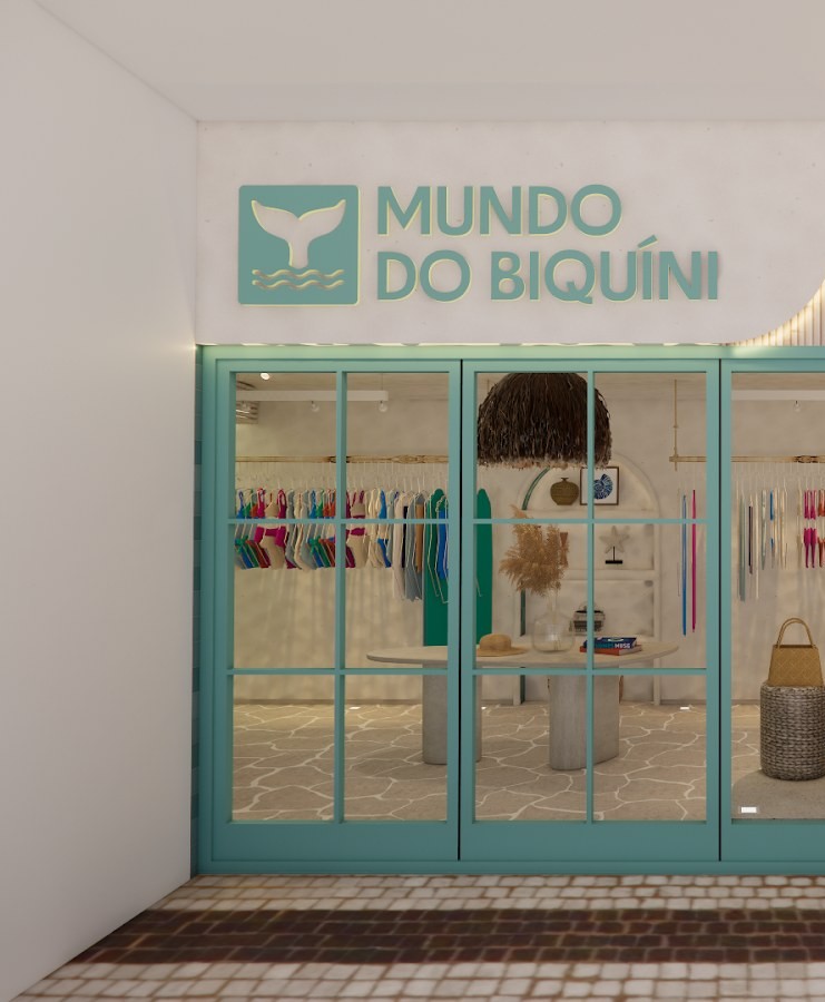 Fachada da loja Mundo do Biquíni em Ipanema com o letreiro completo — render do projeto Unpack Design