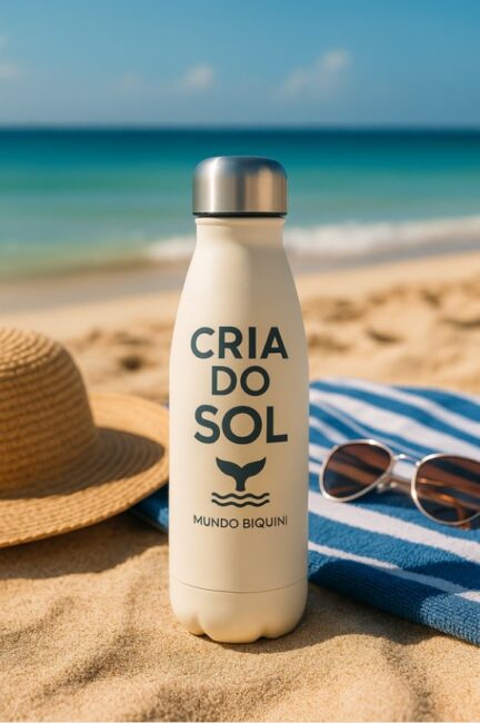Mockup de experiência de marca: garrafa "Cria do Sol" com a cauda de baleia do Mundo do Biquíni
