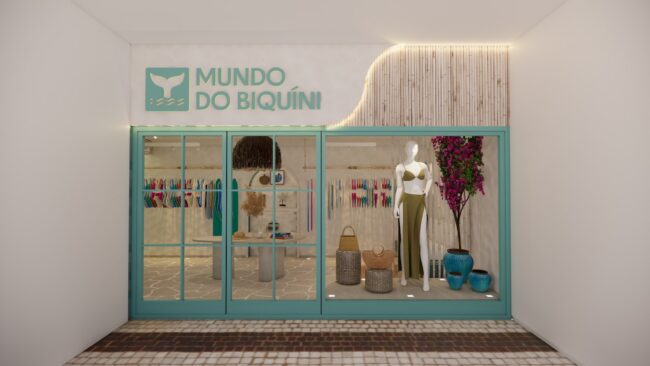 Render da loja Mundo do Biquíni em Ipanema, vista geral — projeto Unpack Design