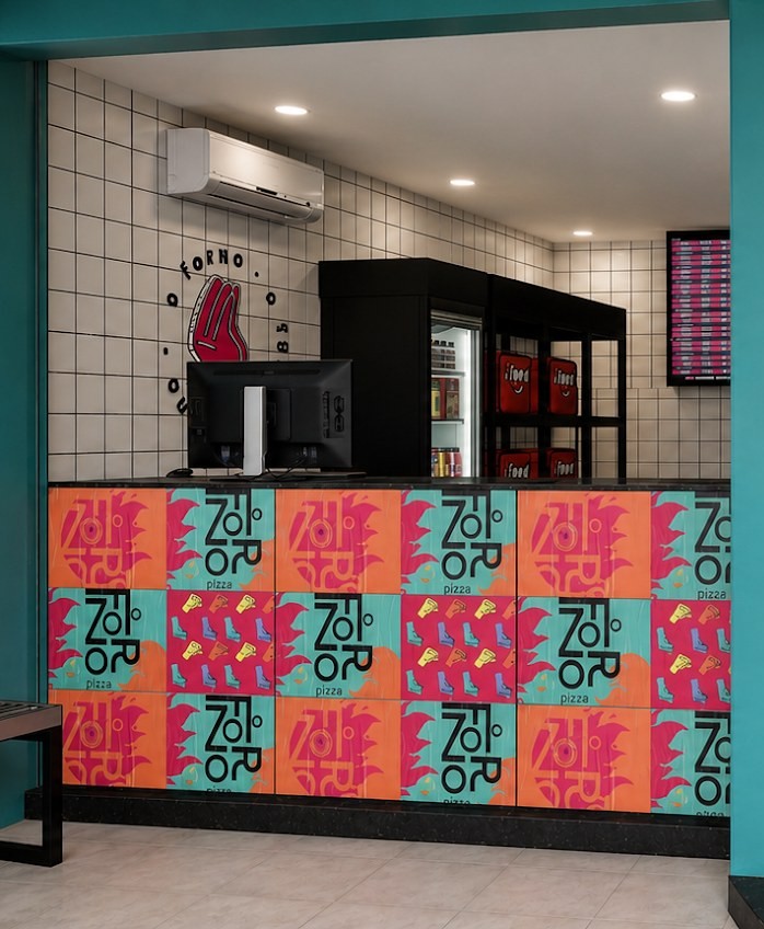 Balcão de retirada da pizzaria O Forno na Tijuca — render do projeto Unpack Design