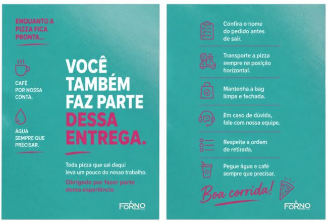 Peças de comunicação visual para motoboys da pizzaria O Forno na Tijuca — projeto Unpack Design