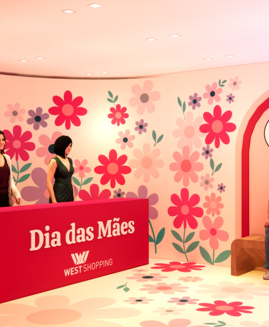 Posto de troca floral do Dia das Mães no West Shopping, cenografia da Unpack Design