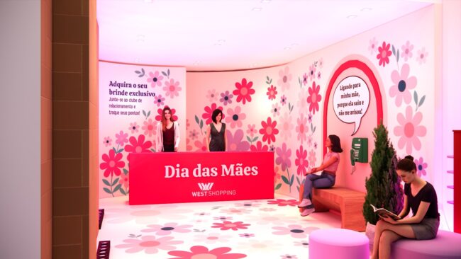 Balcão e área de espera com banco do posto de troca do Dia das Mães, West Shopping, cenografia da Unpack Design