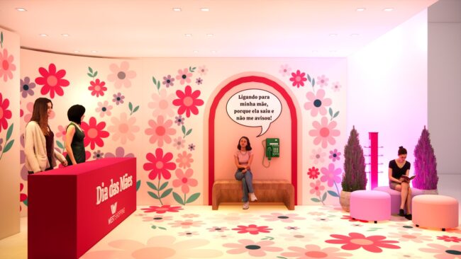 Parede de flores e painel de mensagem do posto de troca do Dia das Mães, West Shopping, cenografia da Unpack Design