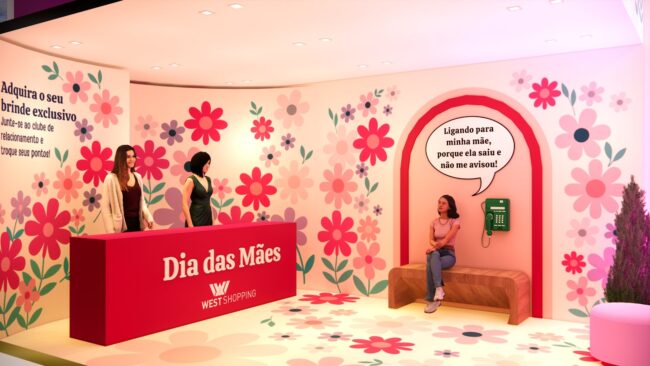 Balcão Dia das Mães e área de descanso do posto de troca do Dia das Mães, West Shopping, cenografia da Unpack Design