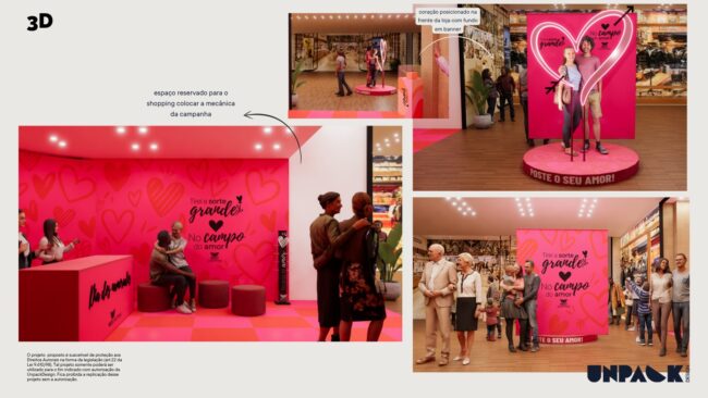 Posto de troca com parede de corações, balcão e puffs vermelhos do posto de troca do Dia dos Namorados, West Shopping, cenografia da Unpack Design