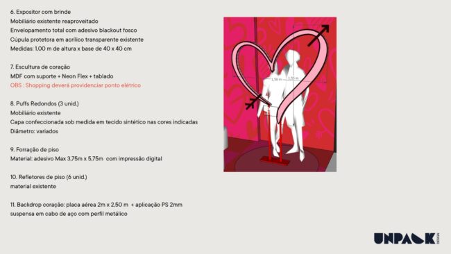 Escultura de coração em neon e backdrop fotográfico do posto de troca do Dia dos Namorados, West Shopping, cenografia da Unpack Design