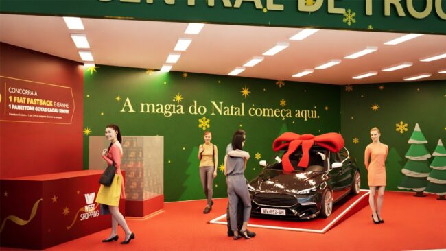 Balcão com logotipo do shopping e piso vermelho do posto de troca de Natal, West Shopping, cenografia da Unpack Design