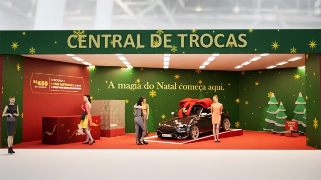 Letreiro Central de Trocas e frase A magia do Natal começa aqui do posto de troca de Natal, West Shopping, cenografia da Unpack Design