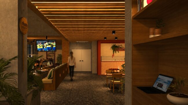 Render do projeto de ambientação da Ribalta Pizzaria, Unpack Design – acesso pelo hotel com ripado e iluminação