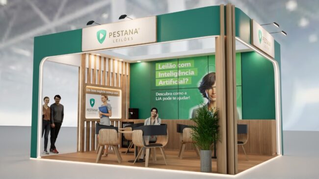 Render do stand Pestana Leilões no Congresso Fenauto, projeto da Unpack Design – vista 01