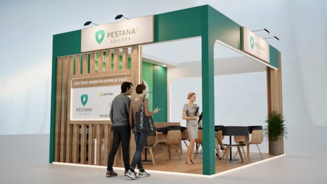 Render do stand Pestana Leilões no Congresso Fenauto, projeto da Unpack Design – vista 02