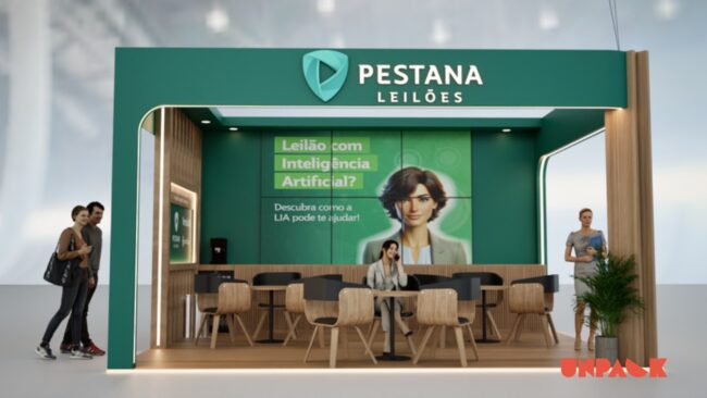 Stand Pestana Leilões no Congresso Fenauto, projeto da Unpack Design – vista lateral com acesso