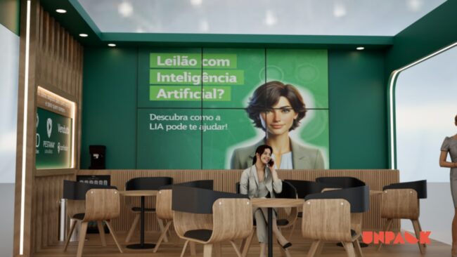 Stand Pestana Leilões no Congresso Fenauto, projeto da Unpack Design – detalhe do painel ripado e parceiros