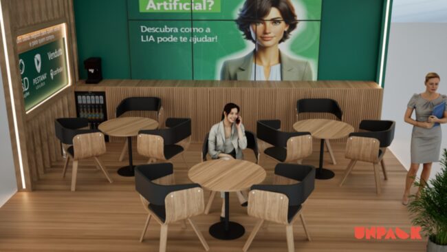 Stand Pestana Leilões no Congresso Fenauto, projeto da Unpack Design – área de atendimento com mesas e telão de LED