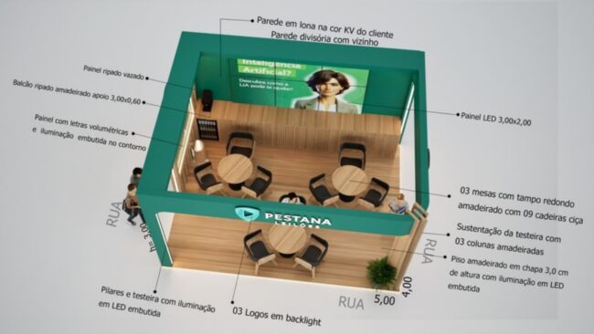 Stand Pestana Leilões no Congresso Fenauto, projeto da Unpack Design – planta isométrica com especificações